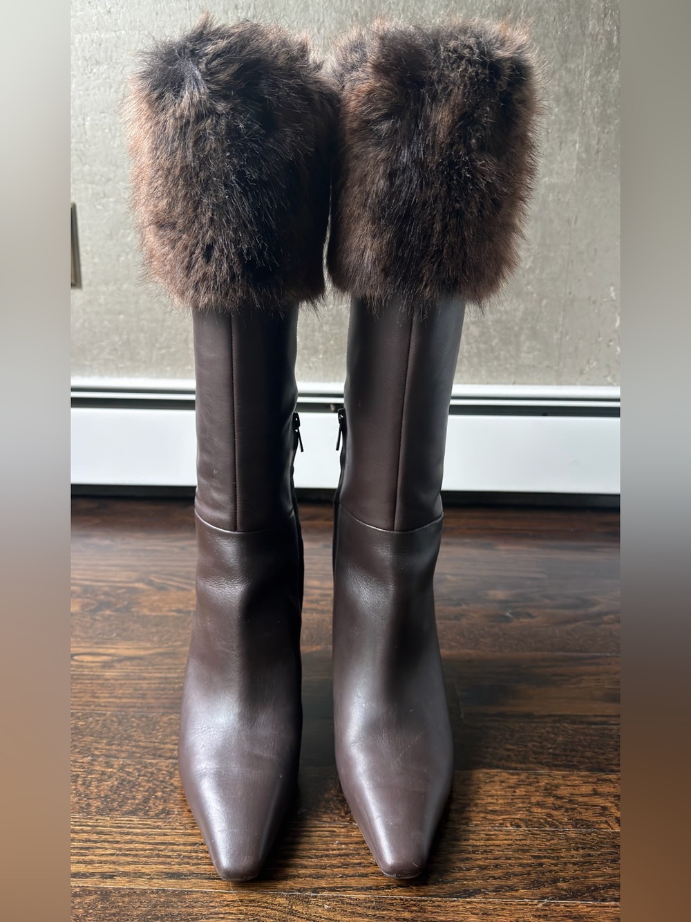 Sam Edelman Sylvia Dark Brown Leather Knee-High Boots with Faux Fur Trim